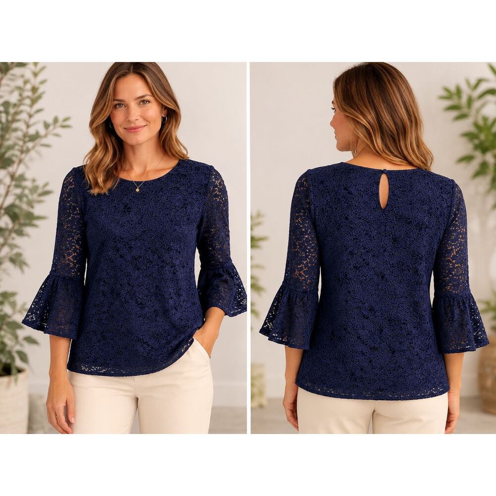 Women’s Medium Navy Blue Lace Bell Sleeve Blouse The Limited Floral Sheer